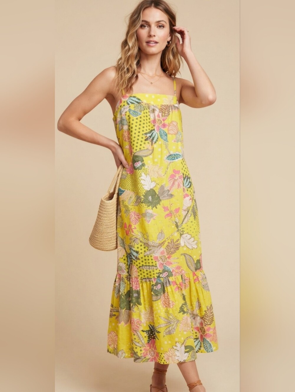 LOFT Dress Womens 8 Yellow Long‎ Maxi Sundress Strappy Square Neck Floral